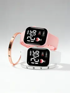 Women's Electronic Digital Watch & Love Bracelet Set, Silicone Strap, Glowing Pattern, Casual Style, Perfect for Daily Wear, Parties, Valentine's Day Gift，Boxes not included