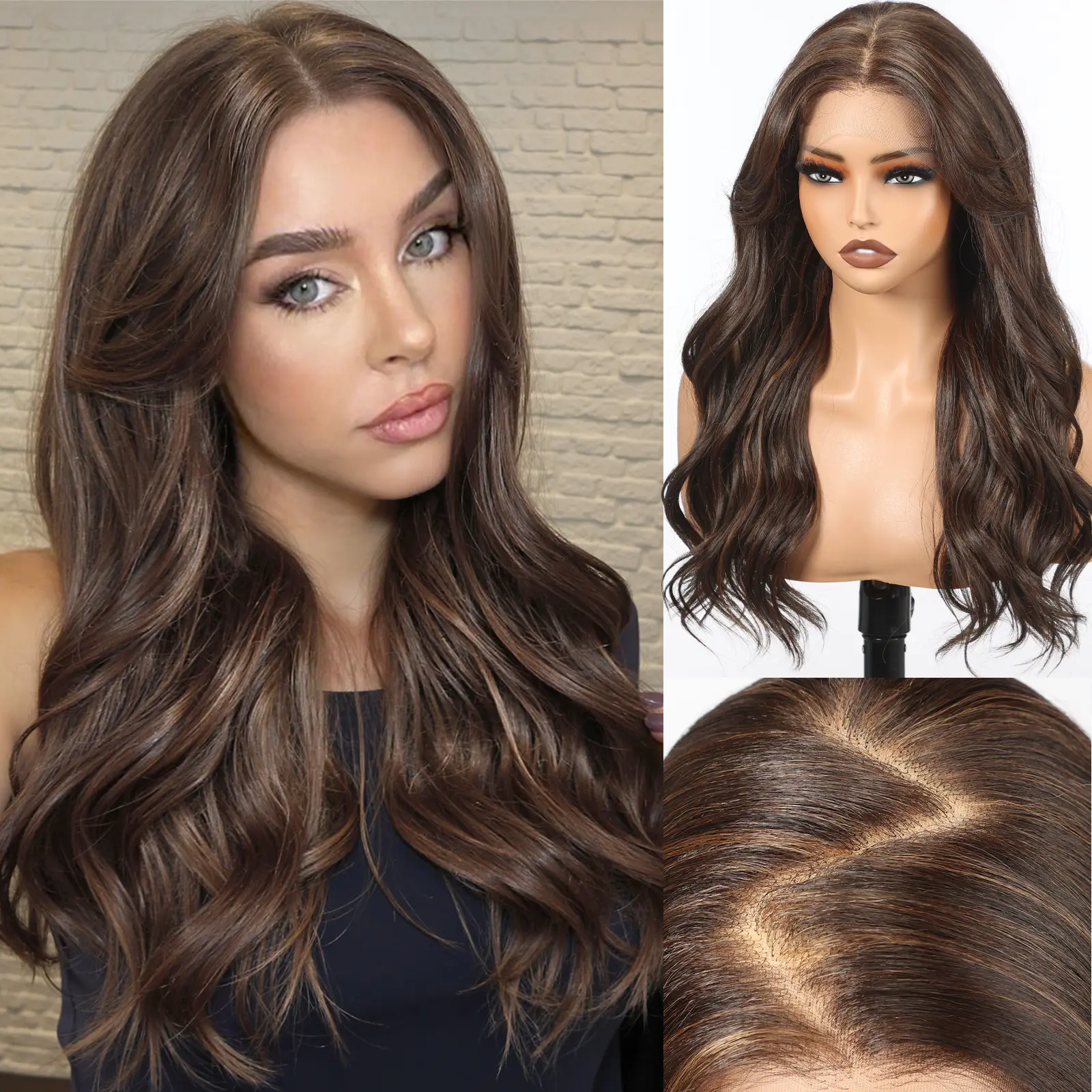 HAIRCUBE 13x6 Lace Front Wig 22 Inch Wave Wig Dark Brown Highlight Synthetic Hair for Women Daily Use Natural Look