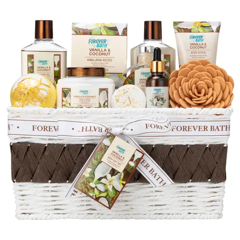 Forever Bath Spa Gift Basket – for Women W/Coconut & Vanilla Fragrance, 11 Pcs Shower Gift - Shower Gel, Scrub & Oil, Shower Steamer, Bath Bomb & More