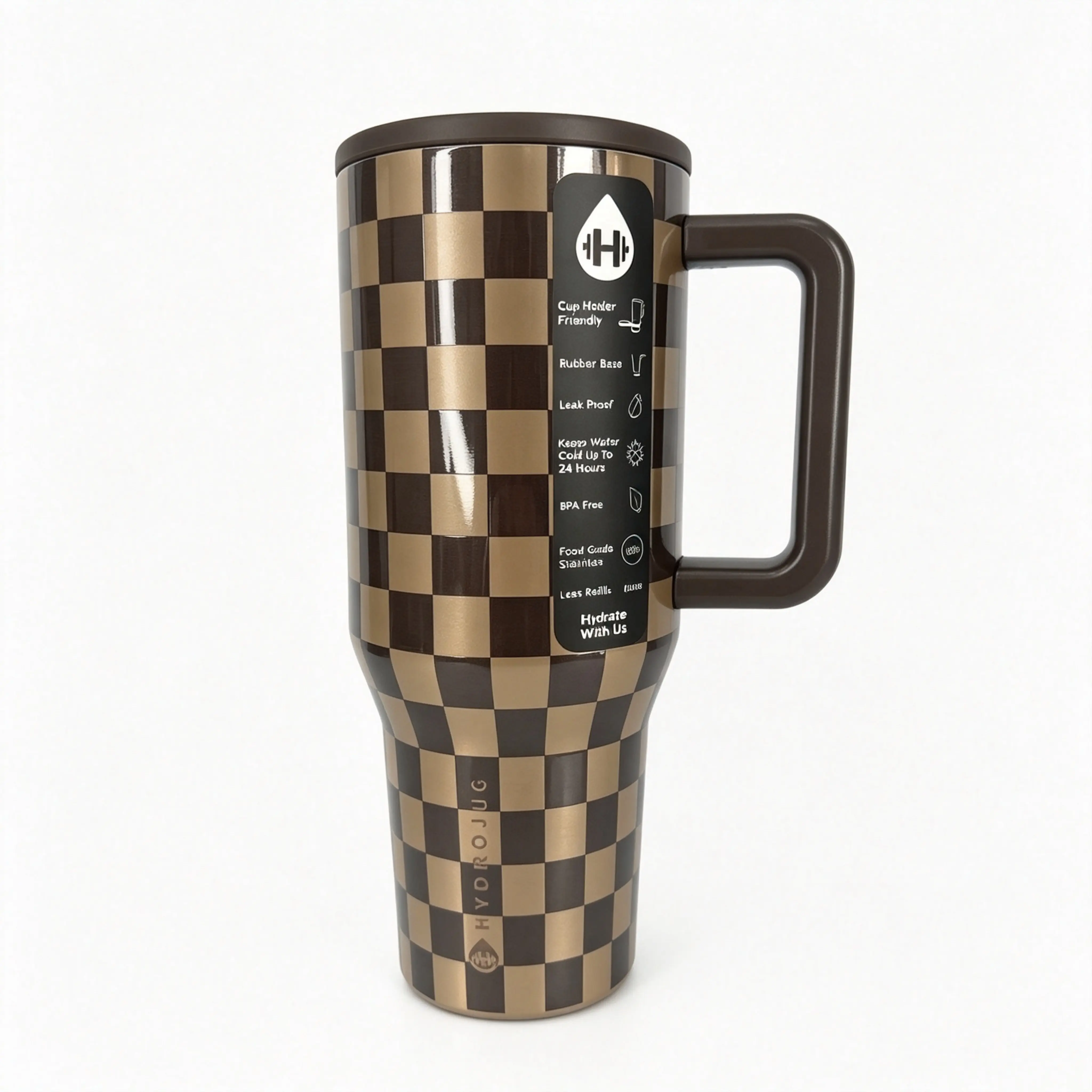 HydroJug 40oz (1000-2000ml) Neutral Brown Retro Checkerboard Insulated Stainless Steel Tumbler - Portable, Stylish Kitchenware with Dark Brown Comfortable Grip Handle, Easy Sipping Straw Lid, Vacuum Flask for Adults, Large Travel Mug for Car, Camping