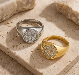 14K Gold Plated Signet Ring for Women - Pinky Ring with Round Cubic Zirconia - Dainty Signet Rings - Trendy Fashion Jewelry