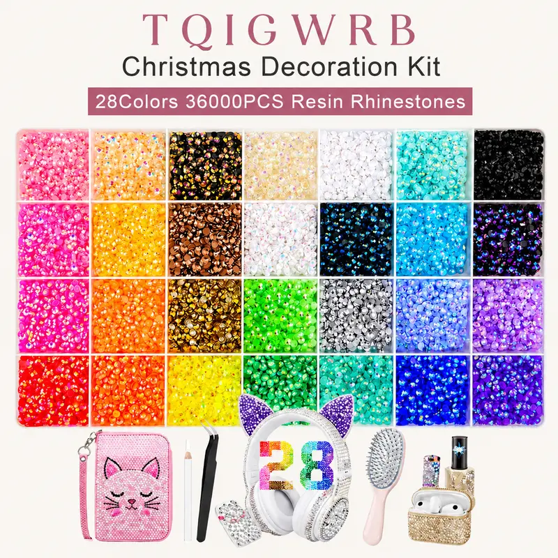 TQIGWRB Economical 36000 Pcs Bling AB Coating Resin Jelly Rhinestones Bedazzled Kit - 3mm 28 Colors Flatback Gems Set with Free Tools, Box for Nail Art Decorations, Crafting