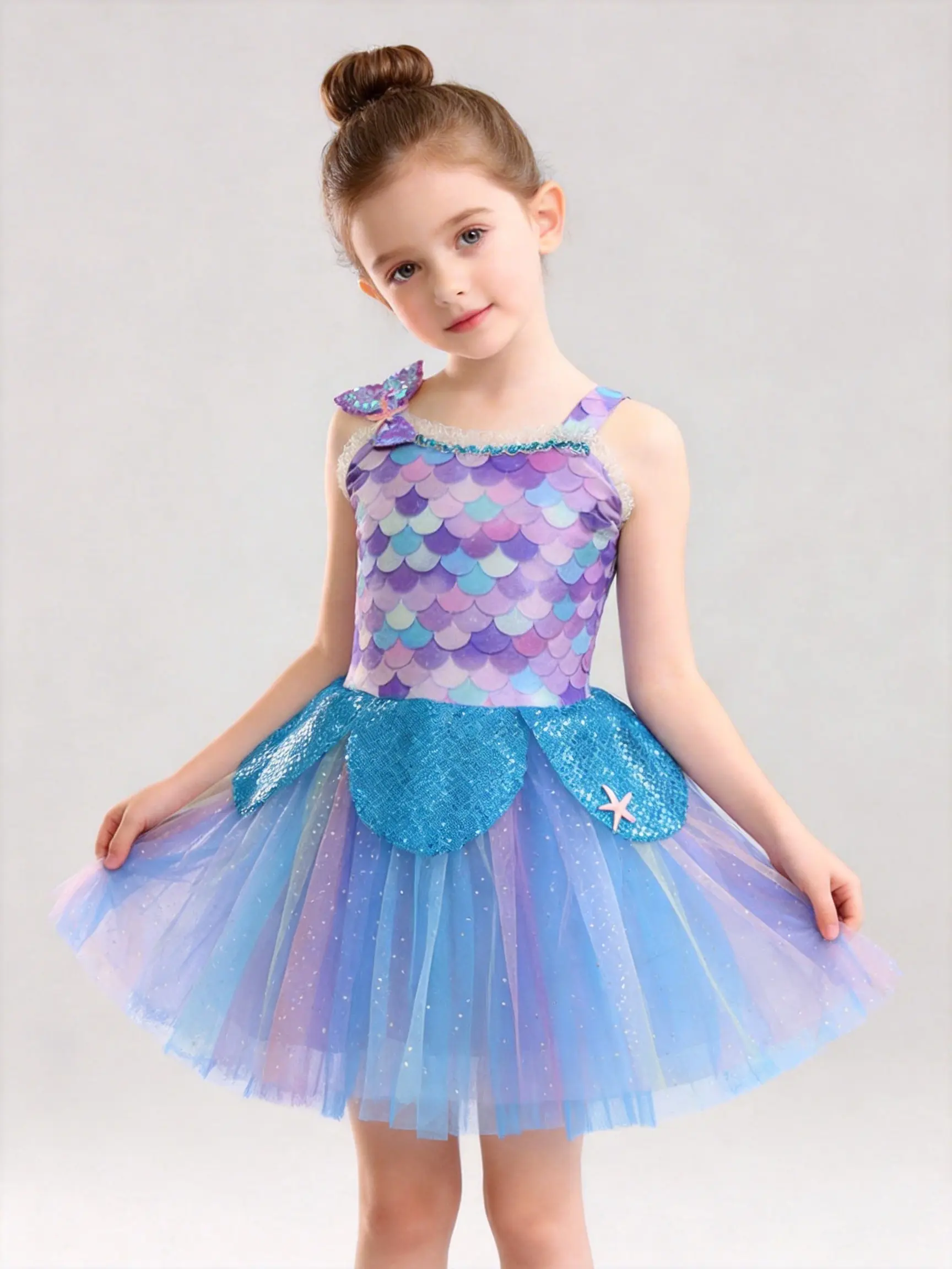 Girls Mermaid Scale Tutu Dress Spaghetti Strap Sparkly Gradient Tulle Princess Dress Kids Birthday Party Carnival Costume Blue Purple Mesh Dress for Photo Shoot