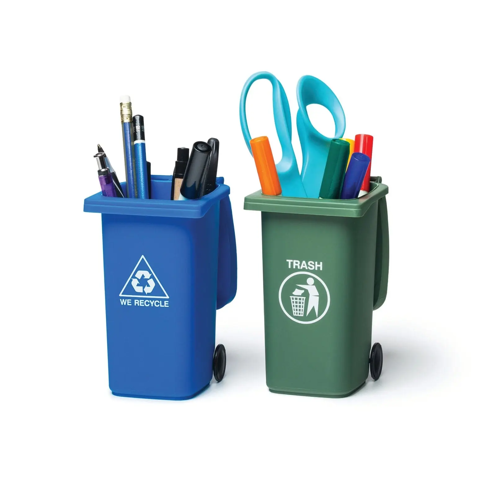 Mini Trash Can and Recycle Can Desk Set - Blue and Green Design, Suitable for Office Use, Includes Trash Can and Scissors Bin