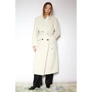 100% Merino Wool White Tailored Belted Coat