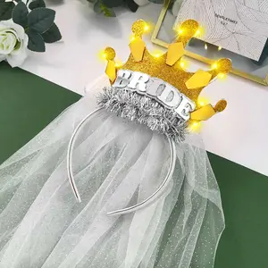 Light Up Bride Headband White Tulle Veil Crown Hen Party Hair Band Bachelorette Party Hair Accessories Bridal Shower Gift for Women
