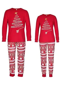 Couple's Christmas Themed Print Long Sleeve Tee & Pants Pyjama Two-piece Set, Casual Comfy Tree Print Round Neck Top & All Over Cartoon Print Trousers PJ Set, Couple's Sleepwear for Fall & Winter