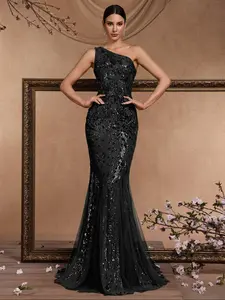 Elegant Women's Sequin Mermaid Dress, Single Shoulder Fringe Design, Slim-Fit Formal Cocktail Party Gown, Perfect for Events & Parties