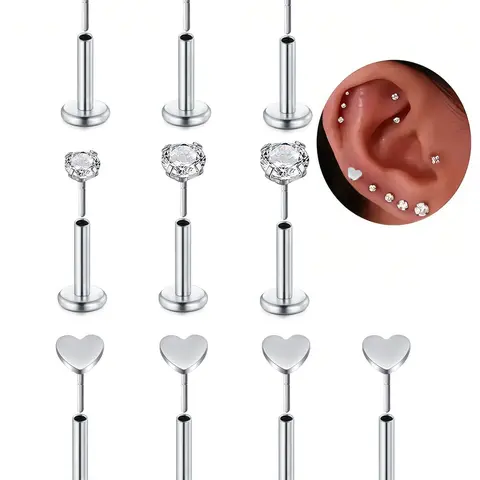 Heart & Rhinestone Accents Decor Earrings Set, Stainless Steel Ear Piercing Jewelry Set with Heart Shape, Fashion Body Piercings Jewelry for Women & Men, Trendy All-match & Exquisite Jewelry for Birthday Gift, Body Jewellery