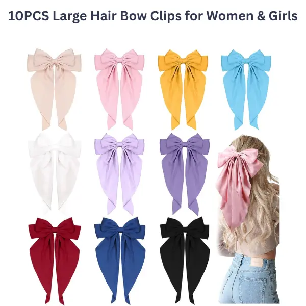 10PCS Large Hair Bow Clips for Women & Girls, Long Tail Ribbon Barrettes, French Hair Accessories, Boutique Bows Summer Gift
