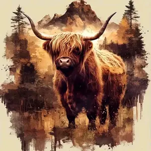 Majestic Highland Cow Double Exposure Art Painting 5D DIY Diamond Painting Kit Full Drill Square Round Diamonds Embroidery Cross Stitch Art Craft Home Decor Art Gift, Handmade Gifts, Decorative Painting Set