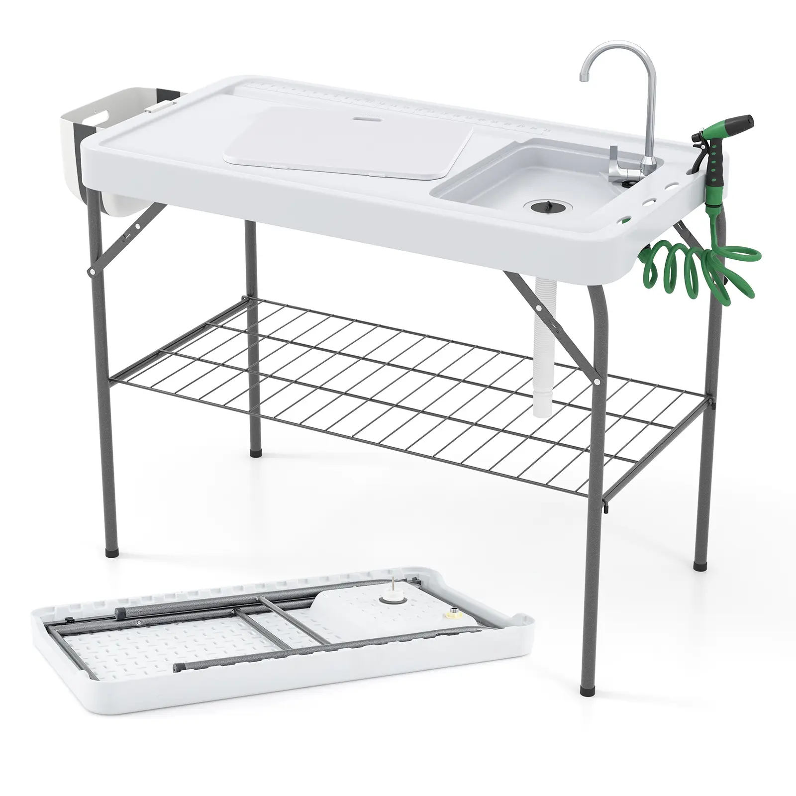 COSTWAY - 2 in 1 Folding Fish Cleaning Table with Sink and Faucet for Patio BBQ