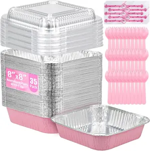 35-Pack Pink 8x8 Inch Disposable Aluminum Square Pans with Plastic Lids, Stickers and Cake Spoons, Foil Baking Trays for Parties, Holiday Cooking, Meal Prep and Food Storage