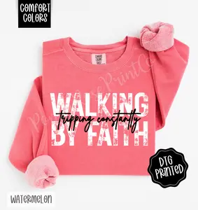 Walking By Faith Comfort Colors Sweatshirt, Trendy Women's Religious Crewneck