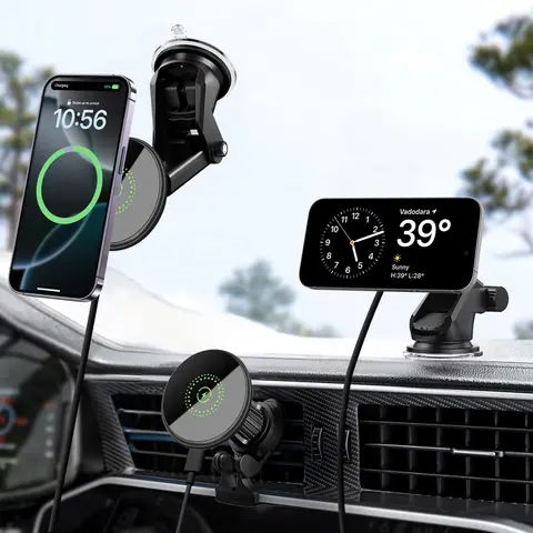 15W Wireless Car Mount Charger - 2-in-1 Magnetic Snap-On Fast Charging Phone Holder with Easy Installation, Anti-Shock Design, Handsfree Calls, Vertical Wireless Charging, Portable Solution for iPhone 17 16 15 14 13 12 Pro Max/Plus/Mini