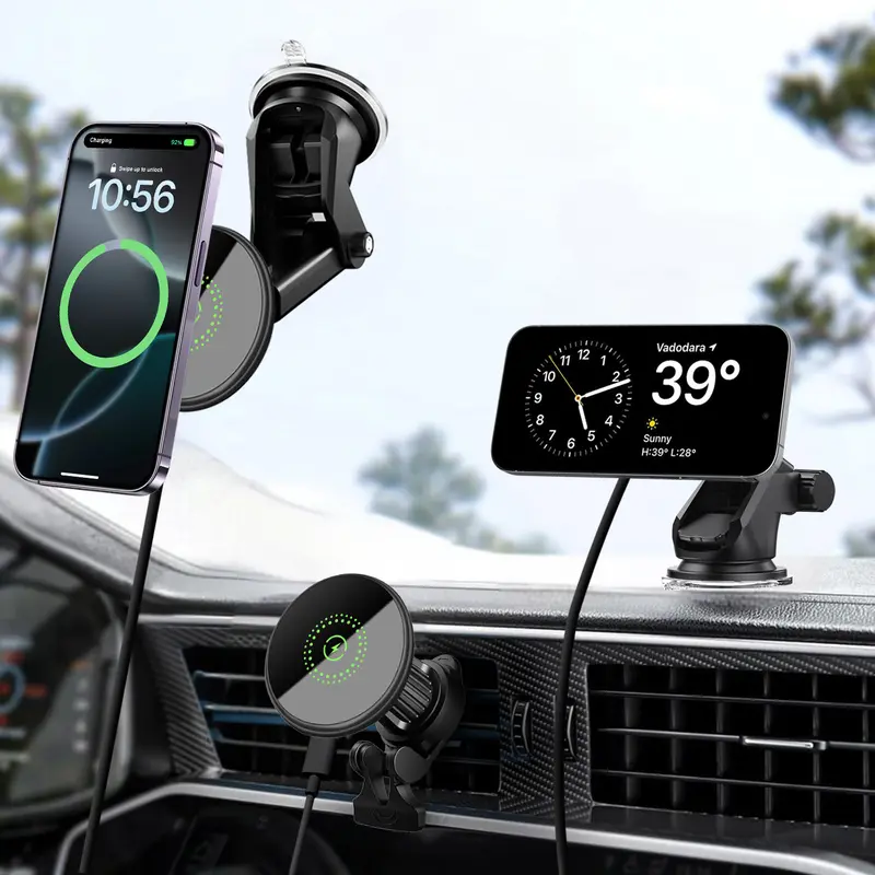 15W Wireless Car Mount Charger - 2-in-1 Magnetic Snap-On Fast Charging Phone Holder with Easy Installation, Anti-Shock Design, Handsfree Calls, Vertical Wireless Charging, Portable Solution for iPhone 17 16 15 14 13 12 Pro Max/Plus/Mini