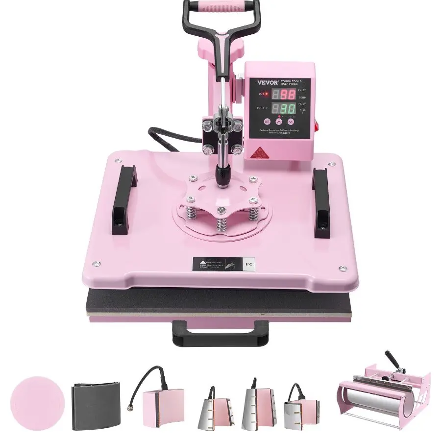 VEVOR Heat Press Machine, 12x 15 inch, 8 in 1 Heat Transfer Machine with 6-30 oz Tumbler Press, 360 Swing Away T-Shirt Pressing, Digital Precise Control, for T-Shirts/Mugs/Hats/Plates, Pink