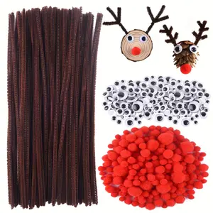 800pcs Christmas Brown Plush Tube Cleaning Set, Includes Brown Chenille Sticks, Self-Adhesive Eyes, Red Pom-Poms, Suitable for Christmas Reindeer Crafts, Christmas Gifts, Home Decoration