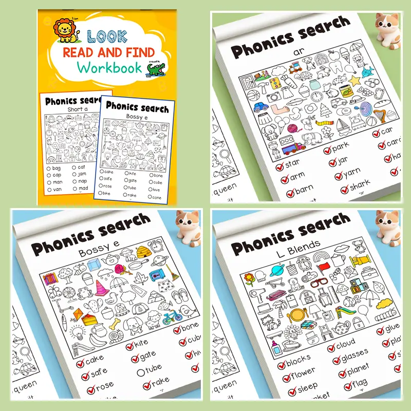 32 Page Cartoon Fun Look Read and Find Natural Spelling Practice Book, Short Vowel Letter Combination Module, Focus Training for Kids 3-6 Years, Preschool Learning Materials, Teaching Supplies