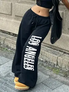 Women's Summer Casual Wide Leg Pants, Los Angeles Letter Print Drawstring Sweatpants, Ideal for Spring & Fall Outdoor Activities