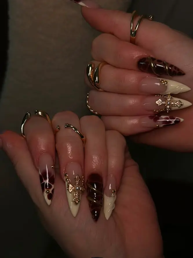 Vampy Grunge Burgundy Press On Nails | Cream Stiletto Fake Nails with 3D Gold Cross Charms & Crocodile Print | Edgy Gothic Reusable False Nails | Luxury Dark Aesthetic Manicure Set