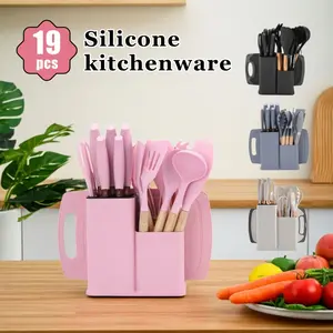 XBJ 19-Piece Kitchen Cutlery & Utensil Set - Blush Pink & White Wooden Handles, Non-Stick Pots/Pans, Silicone Utensils, Steel Spatula, Heat-Resistant Ladle, Organiser, Ideal for Women's Day, Birthday Gifts