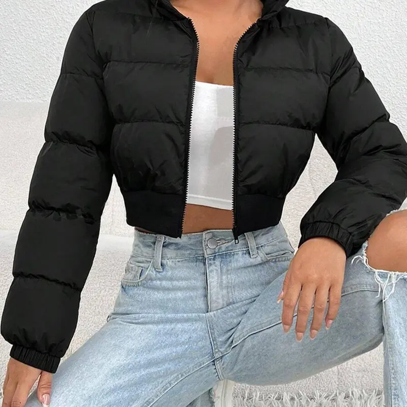 Women's Solid Woven Zipper Up Crop Winter Hooded Coat Jackets, Casual Fashionable Long Sleeve Outerwear for Daily Outdoor Wear, Womenswear for Fall & Winter