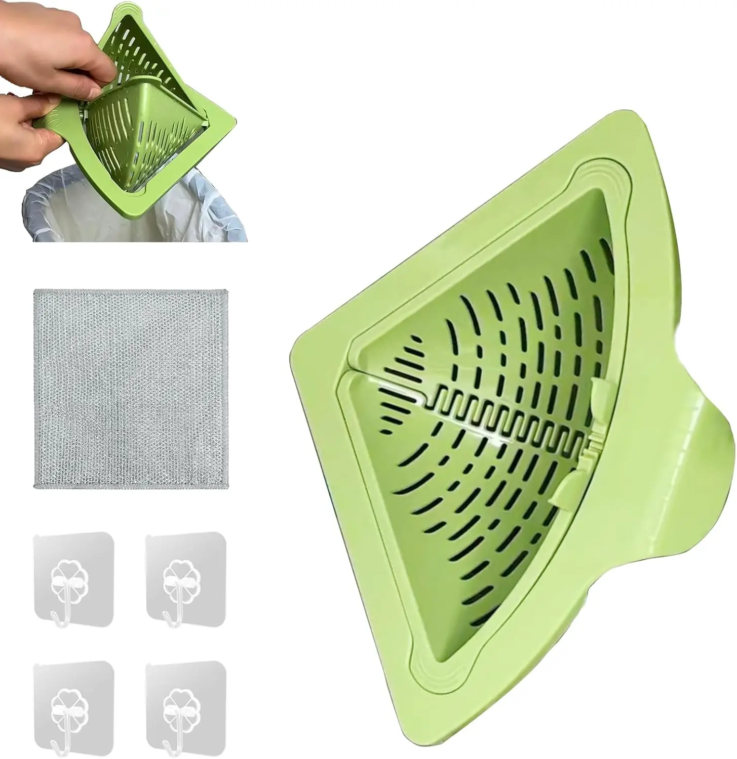 Triangular Vegetable Fruit Strainer Magnetic Kitchen Sink Drain Basket – No-Drill Triangular Strainer with Twist-Off Base for Rinsing Fruits, Vegetables & Collecting Food Scraps (Green)