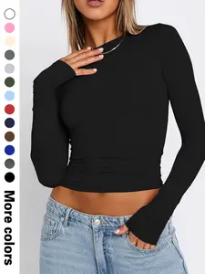 Women's Solid Long Sleeve Round Neck Crop Tee, Casual Basic Crew Neck Skinny T-shirt for Daily Wear, Ladies Clothes for All Seasons