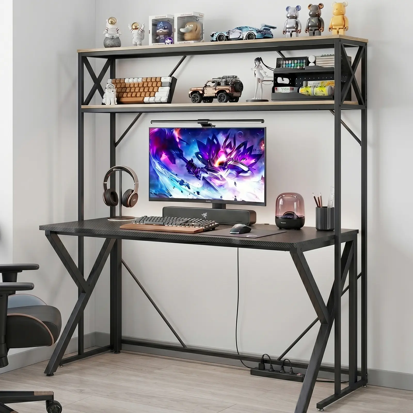 57" Over-the-Desk Storage Hutch with Shelves, Freestanding Desktop Bookshelf Organizer for Gaming & Study Desks, Student Dorm & Apartment, Rustic Wood