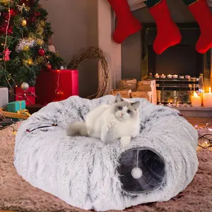 Plush  Tunnel Bed for Indoor Cats with Soft Cushion, Multi-Shape Play Cave with Hanging Balls, Large and Foldable  Donut Tunnel