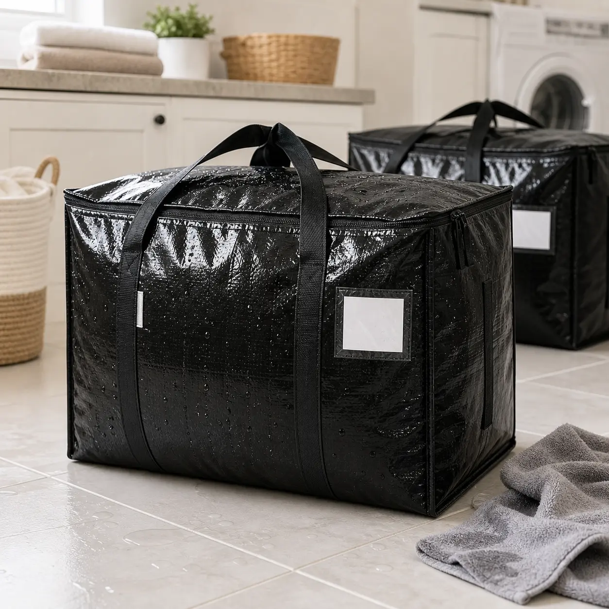 6 Pack Extra Large Folding Storage Bags (Home Supplies) - Heavy-Duty Zipper, Carrying Handles, Label Pocket, Polyethylene Reusable Totes for Bedroom Clothes, Bedding - Space-Saving Packing for Dorm Moves