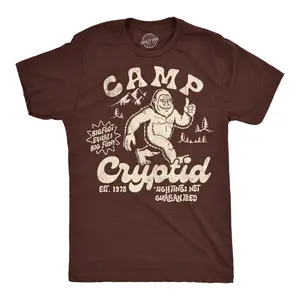 Mens Funny T Shirts Camp Cryptid Sarcastic Bigfoot Graphic Novelty Tee for Men Mens Funny T Shirts Cool Vintage Fashion T-Shirt Gift Classic Menswear Sarcastic Apparel for Men Funny Camping Short Sleeve Novelty Brown -