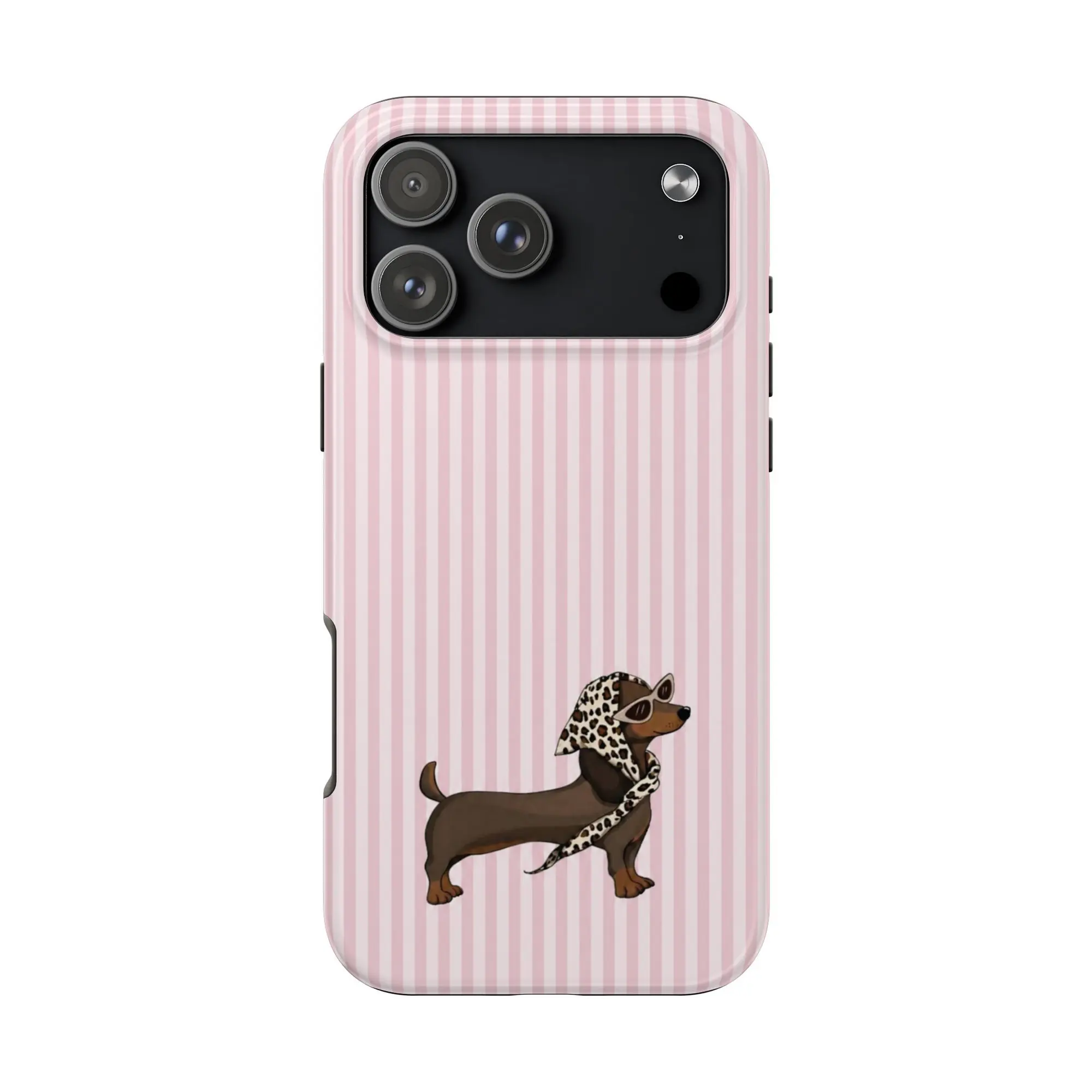 Dachshund Pink Striped Phone Case, Cute Weiner Dog Illustration iPhone Cover, Aesthetic Striped Sausage Dog Shell, Leopard Scarf Dog Graphic Tee Case, Gift for Dog Lovers