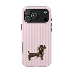 Dachshund Pink Striped Phone Case, Cute Weiner Dog Illustration iPhone Cover, Aesthetic Striped Sausage Dog Shell, Leopard Scarf Dog Graphic Tee Case, Gift for Dog Lovers