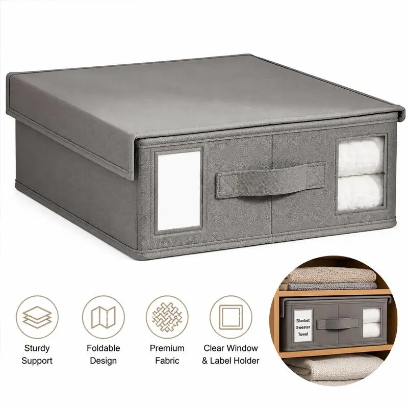 Foldable Linen Storage Bins with Zipper Closure, Clear Window & Reinforced Handles, Sheet Organizer for Queen & King Bedding, Housewarming & Home Organization Gift for Women, Moms, Sistersrs Box Smooth