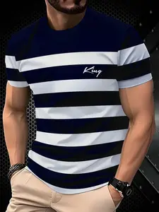 Men's King Letter Striped Print T-Shirt, Round Neck Short Sleeve, Summer Casual Fashion, Trendy Streetwear, Daily Wear