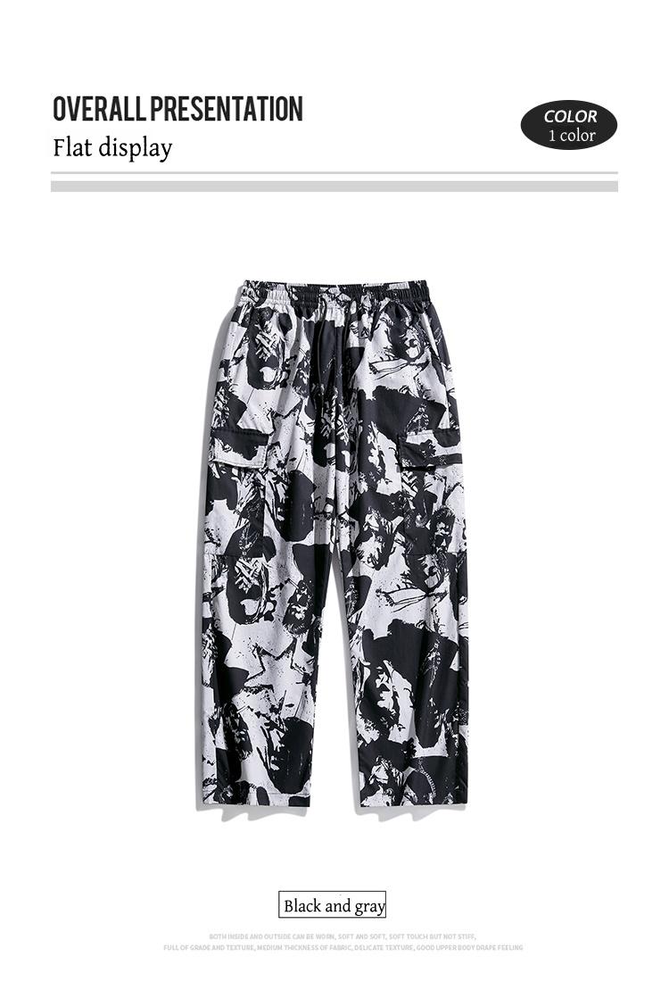 Artistic ink printing casual pants men's loose hanging high street pants black and white graffiti trend straight pants