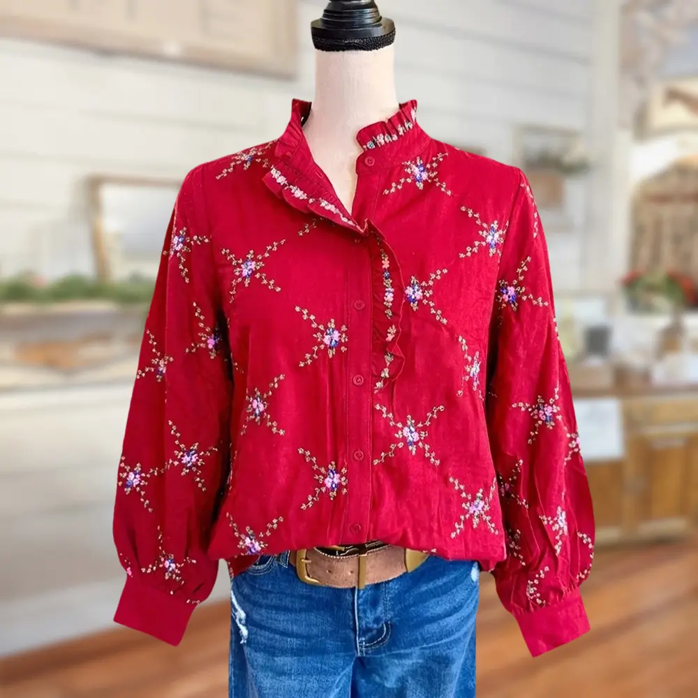 Sagevell Red Floral Button-Down Blouse for Women, Long Sleeve Casual Shirt, Soft Lightweight Spring Top
