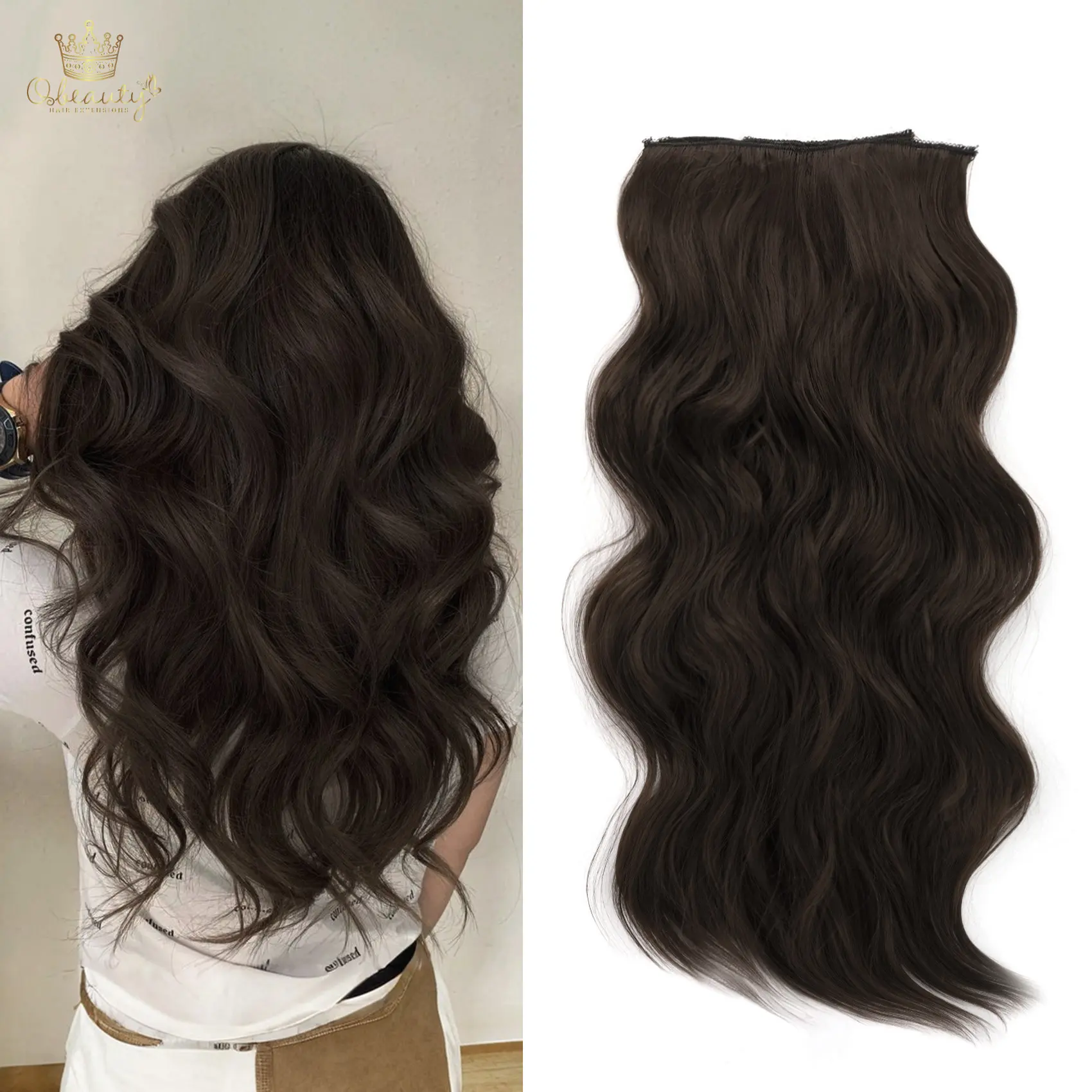 Qbeauty Synthetic Soft Hair Clip-in Extensions - 24in Chocolate Brunette Natural Waves, 4PCS Thick Double Weft Invisible Hairpieces for Women with Gift Box, Clip Hair Extensions, Dark Brown, All‑Day Light