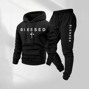 Men's Blessed Cross Letter Print Hoodie & Drawstring Sweatpants Set with Pockets, Casual Athletic Long Sleeve Hoodie & Jogger Pants for Fall & Winter, Sportswear Tracksuit for Indoor & Outdoor Activities