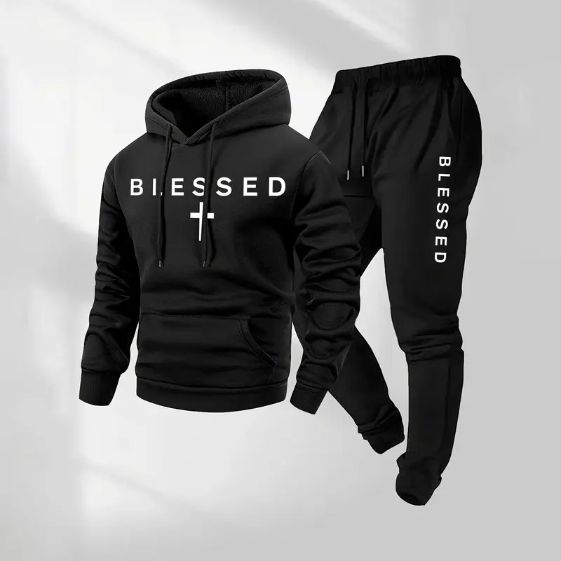 Men's Blessed Cross Letter Pattern Print Hoodie and Drawstring Sweatpants Set, Menswear, Casual Athletic Long Sleeve Hooded Jacket & Trousers for Fall & Winter, Men's Clothing for Daily Wear, Sportswear Indoor Outdoor, Tracksuit, Athleisure