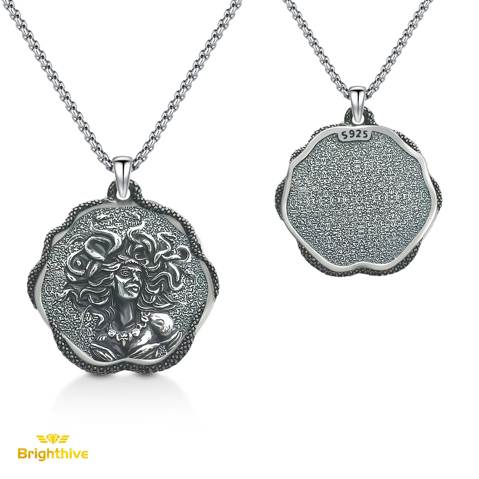 Brighthive Medusa Necklace for Adults, Vintage Greek Oxidized 925 Sterling Silver Pendant with Stainless Steel Chain, Unique Protection Amulet for Everyday Wear, Oxidation Process, Birthday, Snake Motif, Adjustable Chain, Women