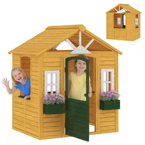 Qaba Outdoor Playhouse, Wooden Kids Playhouse with Working Door, 3 Windows and 2 Flower Boxes, Kids Cottage for Backyard Garden, Indoor Playroom Imaginative Play, Ages 3–8, Brown