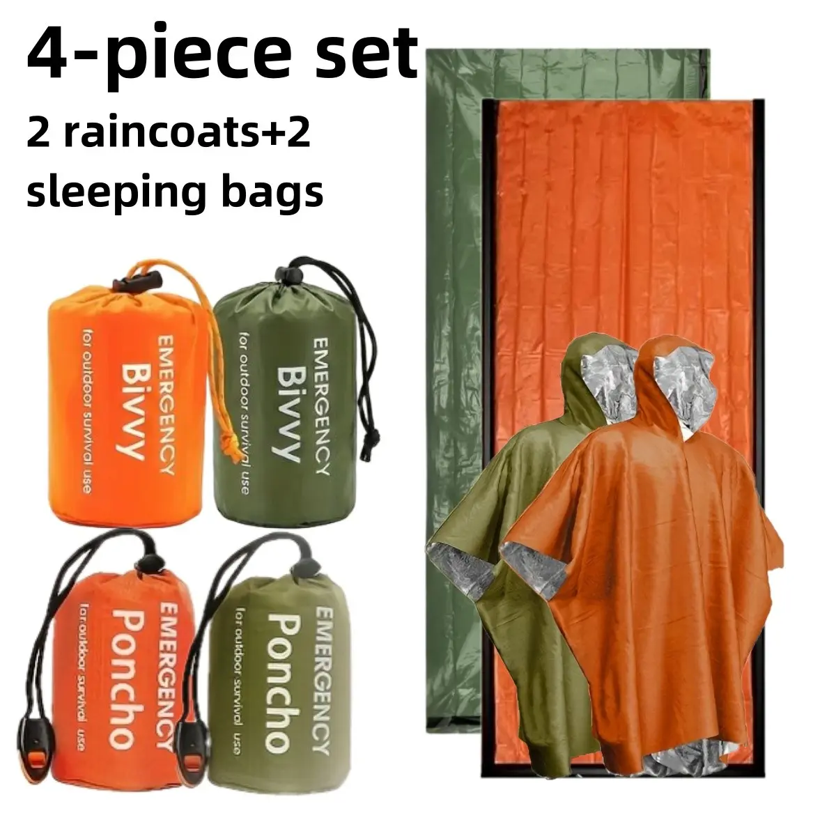 4 Piece Emergency Survival Kit, Includes 2 Emergency Shelter Sleeping Bags & 2 Insulated Rain Ponchos, Portable Outdoor Gear for Camping Hiking, Survival Gear and Supplies, Survival Equipment Set