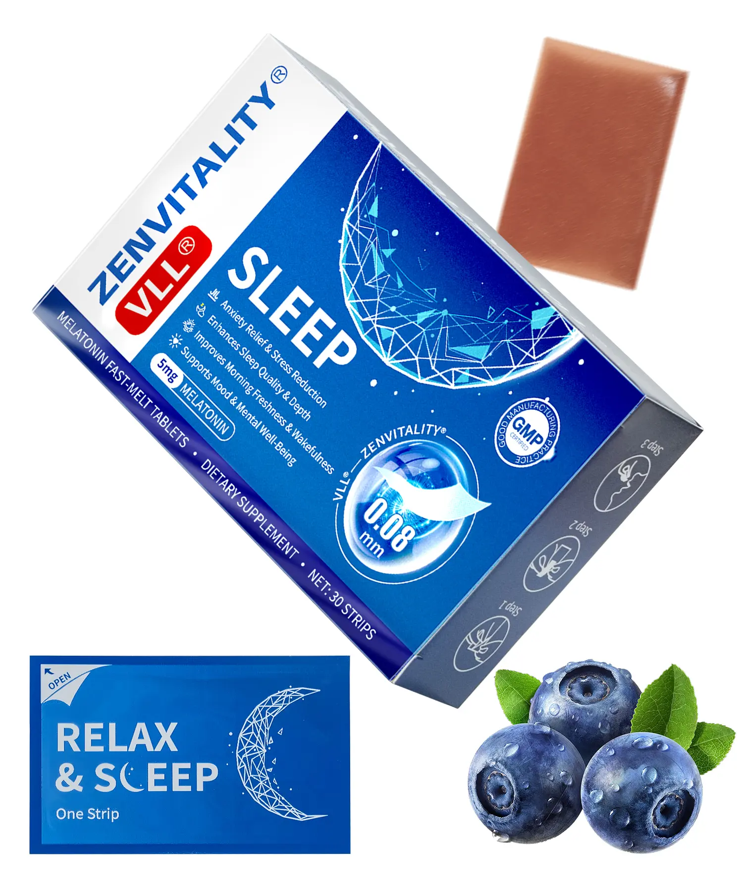 VLL Fast-Melt Melatonin Dietary Supplement Oral Strips - 30 Servings, Sugar-Free Sweet Blueberry Flavor, 5mg Vitamins for Night Time Relaxation & Wellness