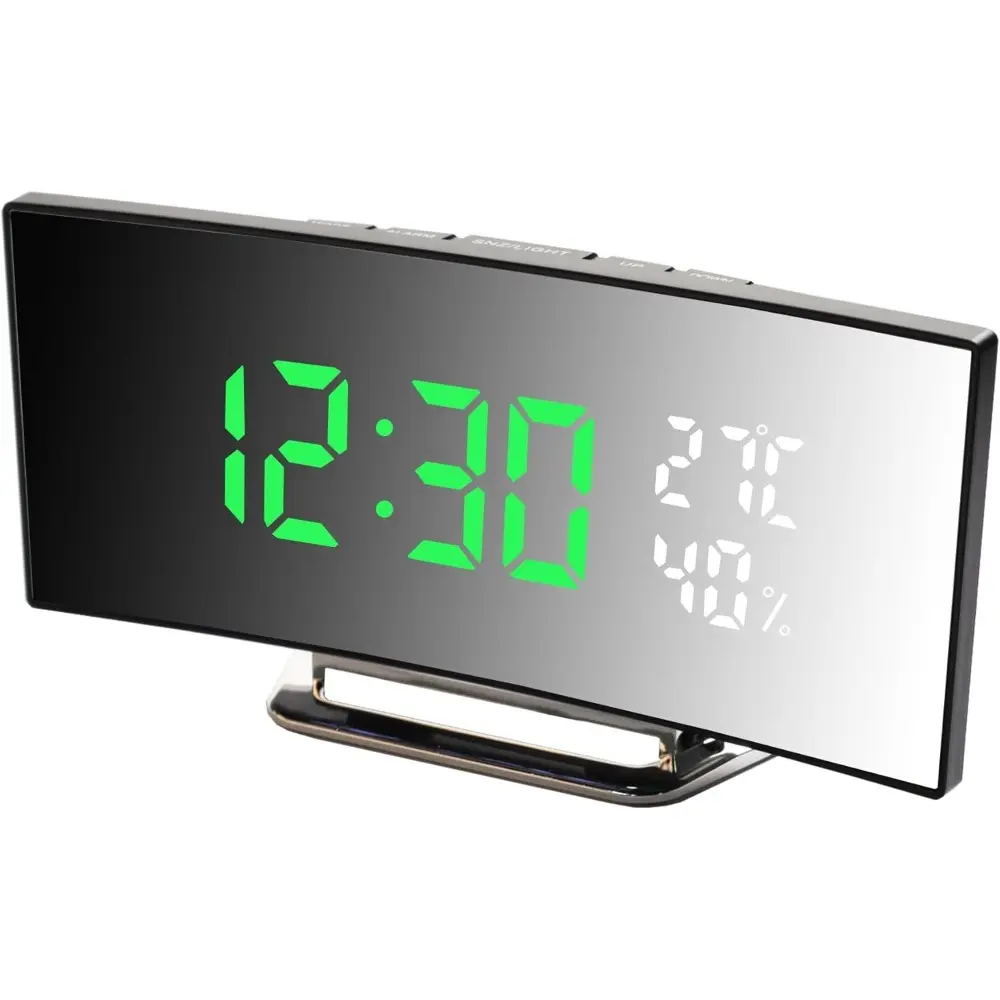 6.6" Square Digital Alarm Clock with Mirror Screen, USB Powered, Time/Temperature/Humidity Display, Dual Alarm, Snooze, Night Light, Adjustable Brightness, 12/24h Format for Bedroom, Office Desk Home Decor