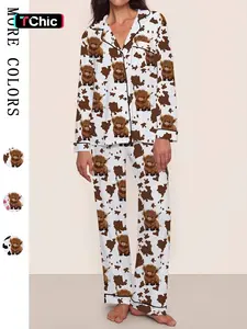 [Highland Cattle] Women's Cartoon Animal Print Pajama Set, Long Sleeve Top & Elastic Waistband Pants, Comfortable Loungewear for Fall Winter Wear