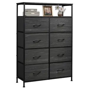 Fabric Dresser for Bedroom with Open Shelves, Tall Dresser with 8 Drawers, Storage Tower with Fabric Bins, Chest of Drawers for Closet, Living Room, Hallway, Charcoal Black Wood Grain Print 8-Drawer Fabric Dresser with Open Shelf