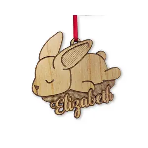 Custom Cute Bunny Wood Ornament Engraved Rabbit Childs Birthday Gift Personalized First Pet Baby Bunnies Decoration Animal Lover Farm Decor